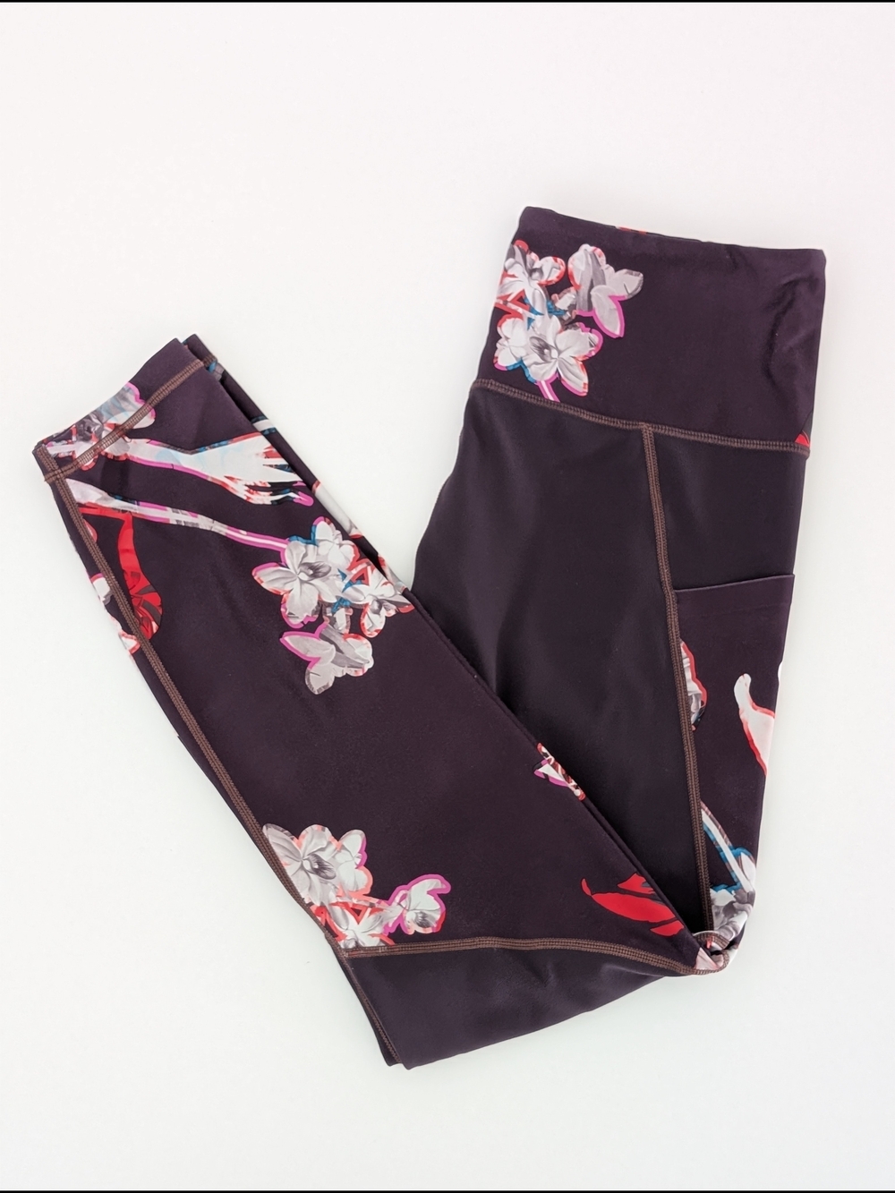 Athleta Leggings Women's M Regal Plum Floral Print Side Pockets High Waist